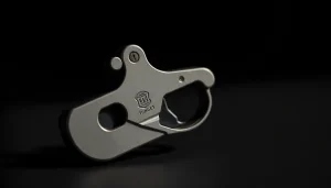 Showcase a forced reset trigger for sale with a sleek metallic design and high-quality features.