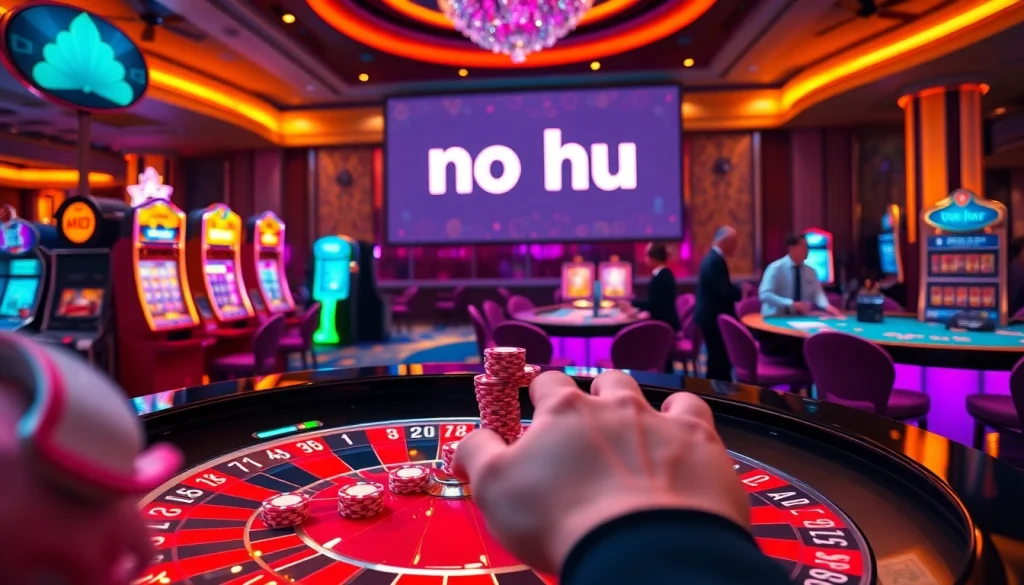No hu inspired casino scene with roulette, poker chips, and vibrant lighting.