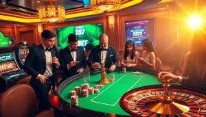 Experience the excitement of entering 789BET without restrictions, surrounded by casino tables and online gambling interfaces.