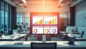 Analyze competitor pricing strategies with engaging infographic in a modern office setting.