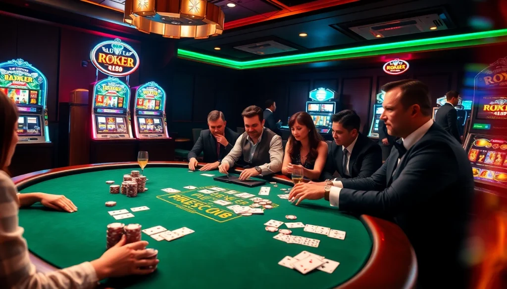 Players enjoy an exciting poker game at RR88c.org, showcasing vibrant chips and thrilling action.