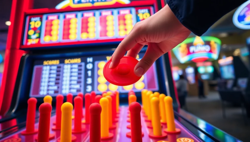 Menampilkan aksi menampilkan plinko demo saat cakram jatuh melalui pegs berwarna-warni.