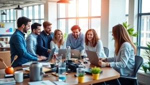 Showcasing online marketing edmonton strategies, a diverse team collaborates in a vibrant office environment.