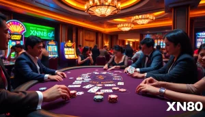Experience the excitement of XN88's vibrant casino atmosphere with professional players at a high-stakes poker table.
