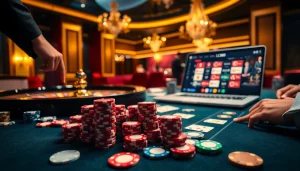 Experience high-stakes excitement at LC88 vin's luxurious casino table with vibrant poker chips and cards.