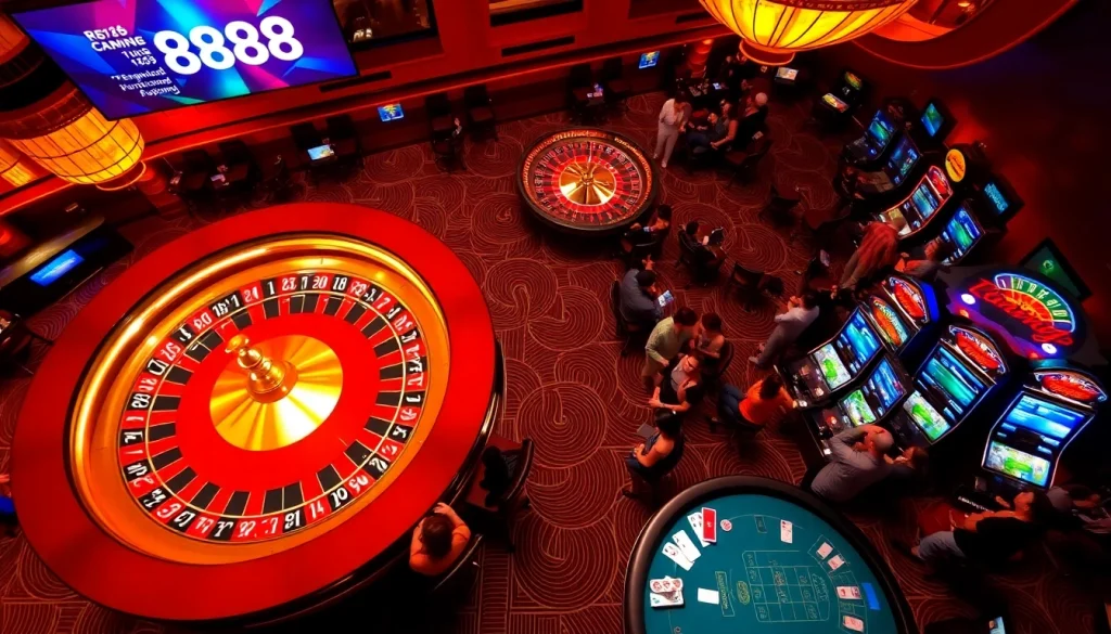Experience thrilling gameplay at the Nền tảng RR88 with vibrant casino tables and engaging gamblers.