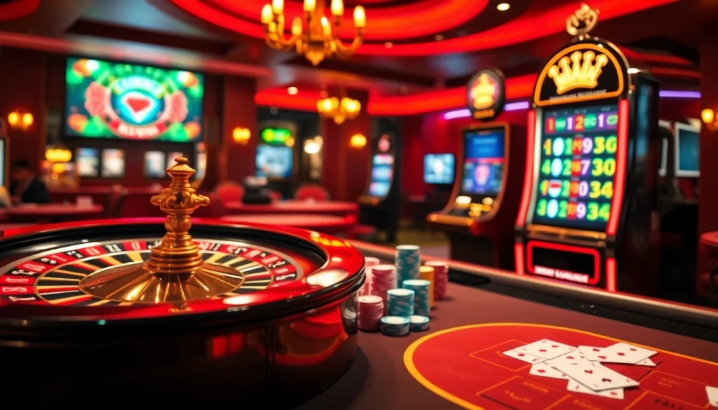 Kuwin gaming experience featuring casino roulette wheel, poker chips, and vibrant slot machines.