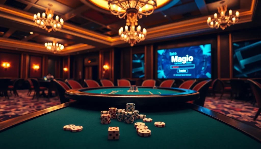 Experience the thrill of gambling with Mag Login at a luxurious casino table filled with chips and cards.