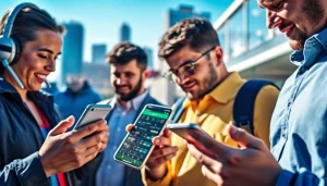 Bettors engaging with sportsbooks in California using mobile devices display vibrant odds and California skyline.