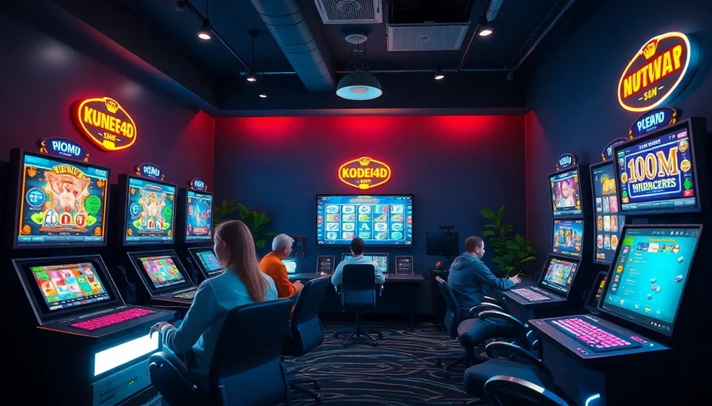 Situs kode4d immersive online gaming scene with players and vibrant slot displays.