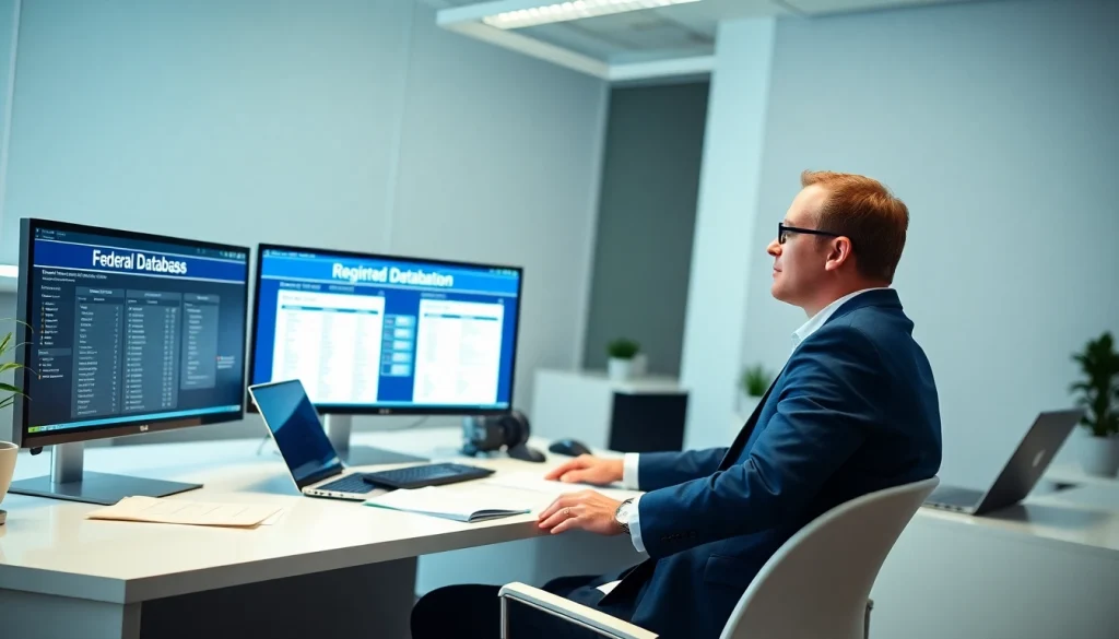 Efficient consultant engaged in registration and certification in Federal databases at a modern desk.