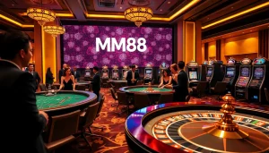 Players enjoy a thrilling experience at MM88 casino tables, showcasing excitement and luxury in gambling.