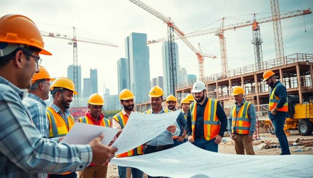 Austin construction team collaborating on-site, showcasing teamwork and modern infrastructure development.