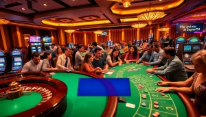 Play and win at SuperPH in an exciting casino setting with roulette and blackjack tables.