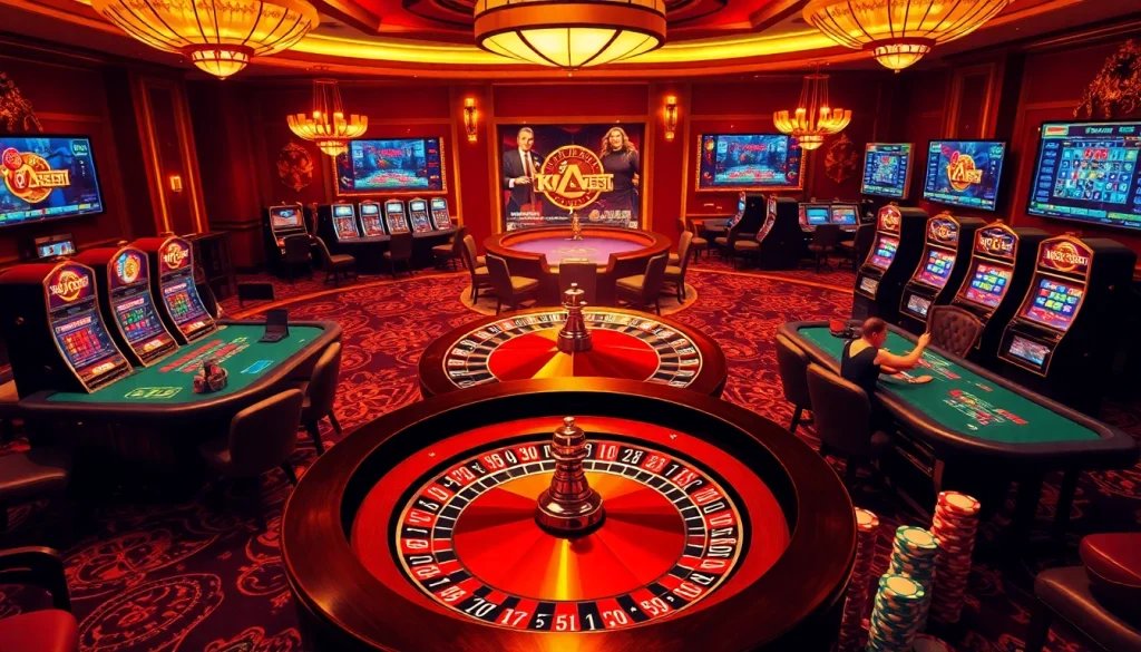 Experience high-stakes gambling bliss at Kjc.com with vibrant casino action, roulette wheel, and poker tables.