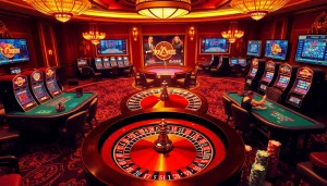 Experience high-stakes gambling bliss at Kjc.com with vibrant casino action, roulette wheel, and poker tables.