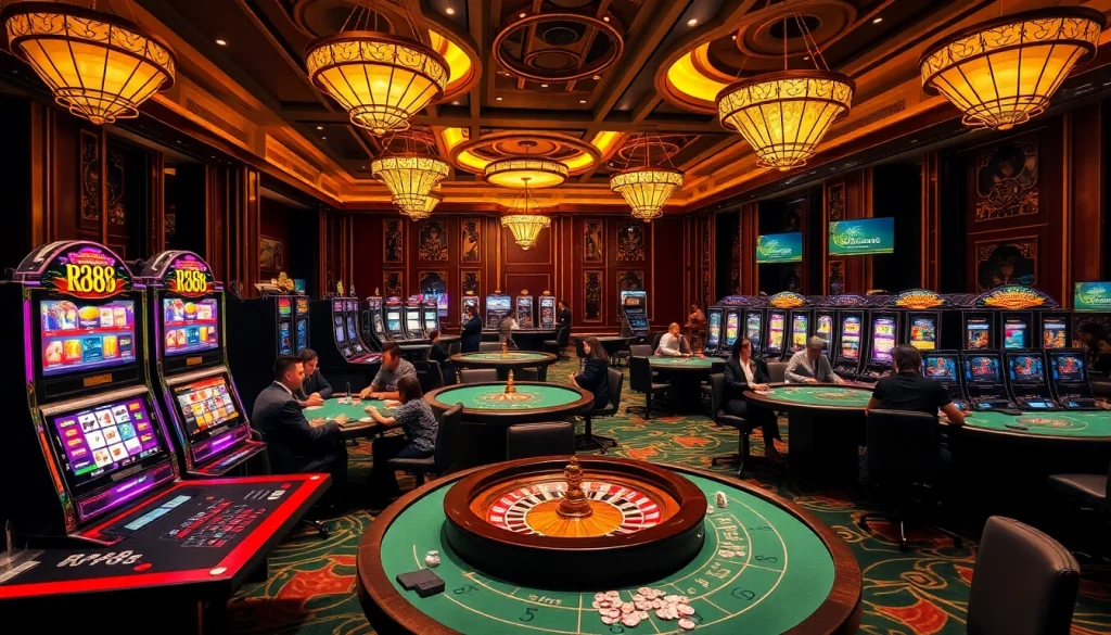 Players enjoy thrilling games at rr88.com casino, featuring vibrant tables and slot machines.