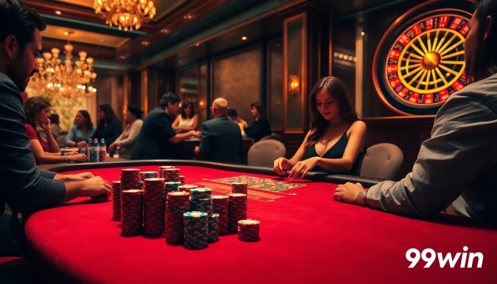 Experience the thrill of 99win as players engage in an exciting poker game with vibrant chips and cards.