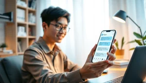 Engaging user interacting with Telegram中文版 app on smartphone in a modern home office.