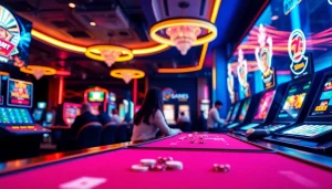 Engaging players enjoying games at Canada casinos online, showcasing vibrant digital slots and a lively atmosphere.