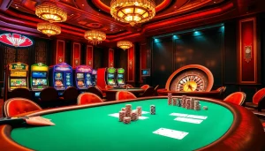 Exciting casino atmosphere showcasing 7m cn, with poker players and vibrant slot machines.