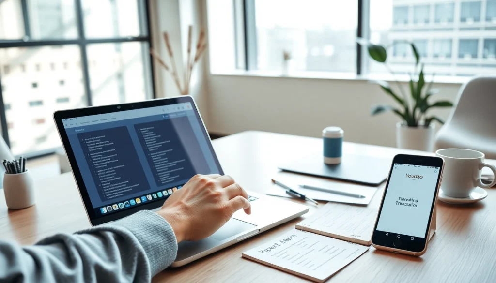 Youdao translation download screen in a modern workspace, showcasing user engagement and productivity.