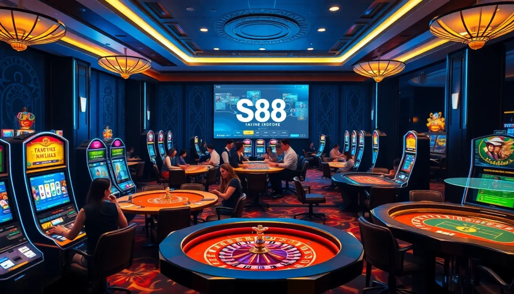 Engaging scene at trang chủ s8 casino with players at tables and slot machines.