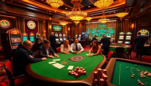 Experience the thrill at https://f168.ing/ with players enjoying poker in a luxurious casino environment.