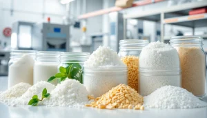 Présentation d'un édulcorant industriel dans un environnement de cuisine professionnelle.