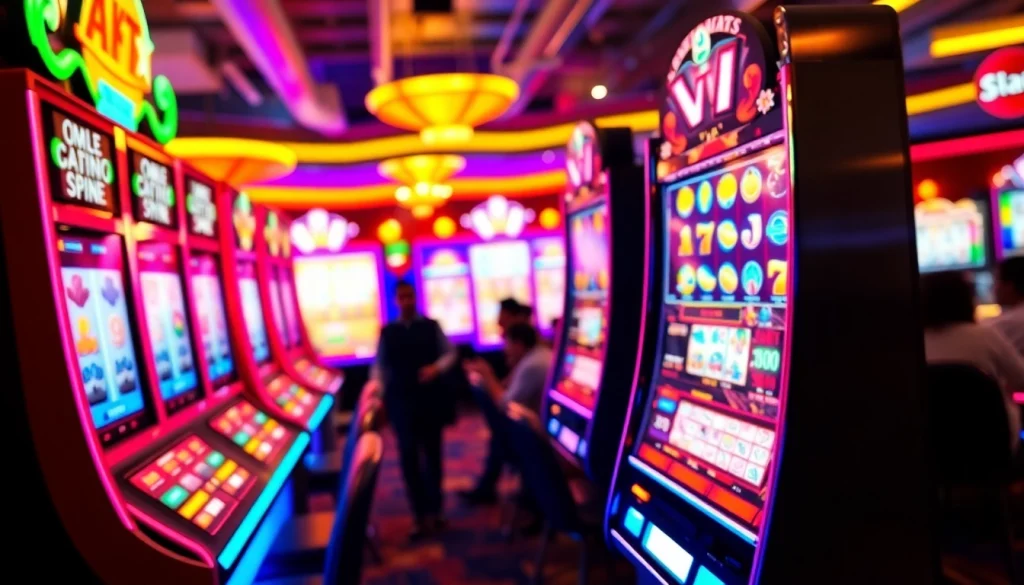 Menampilkan slot depo pulsa dengan mesin slot berwarna-warni di lingkungan permainan yang hidup.