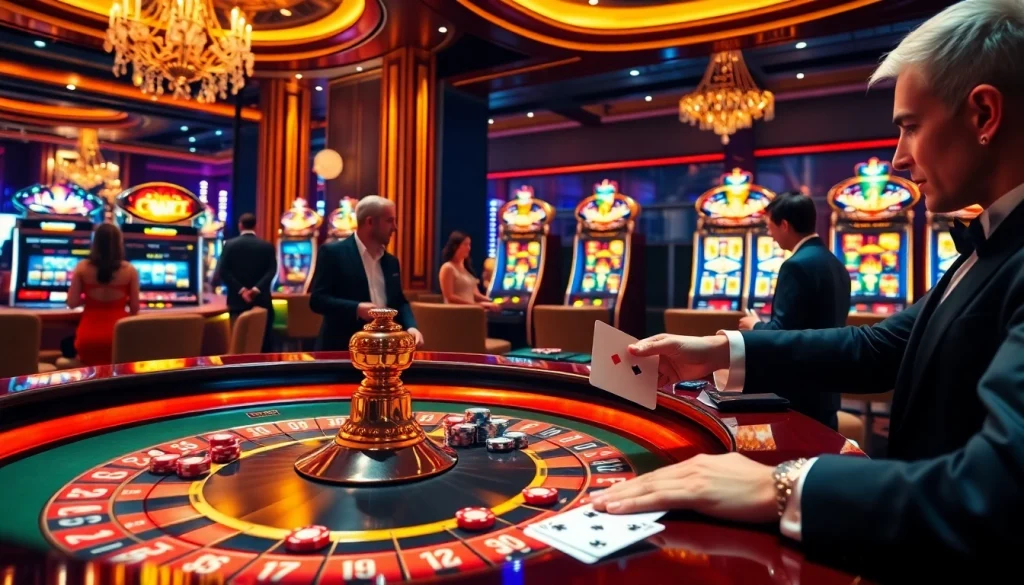 Players enjoying roulette and blackjack at a luxurious casino on https://babu88.global/, capturing the thrill of gambling entertainment.