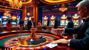Players enjoying roulette and blackjack at a luxurious casino on https://babu88.global/, capturing the thrill of gambling entertainment.