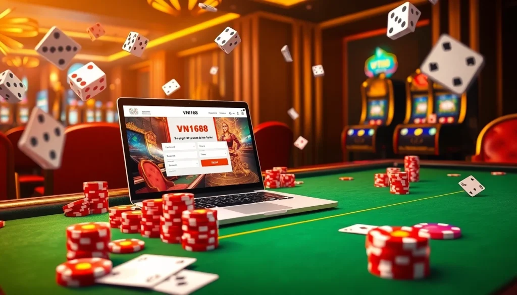 Experience the excitement of vn168 đăng ký at a vibrant online casino table filled with poker chips and cards.
