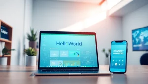 HelloWorld software interface on laptop and smartphone showcasing seamless connectivity and user-friendly design.