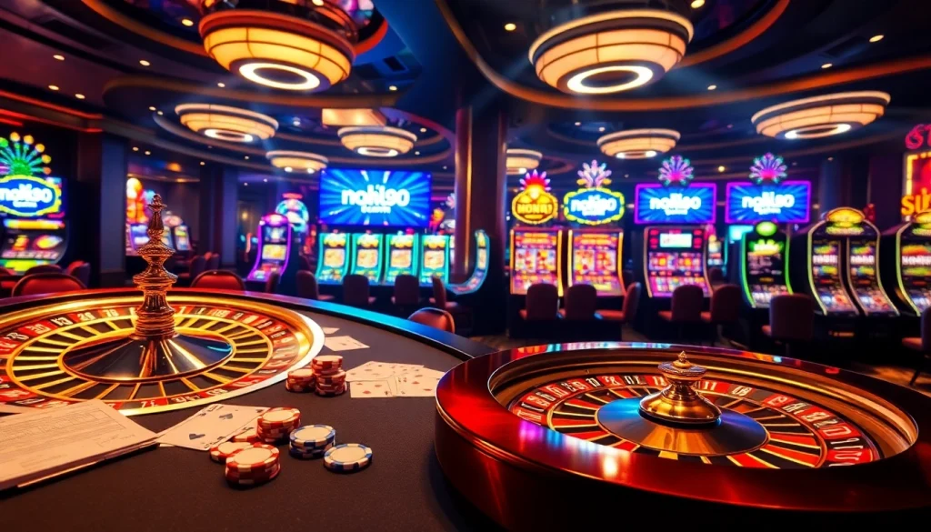 A thrilling online gambling scene featuring nohu90 com with poker chips, cards, and roulette.