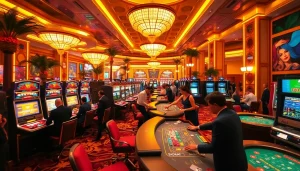 Engaging casino scene with Rio-themed decorations, luxury gaming tables, and vibrant atmosphere.