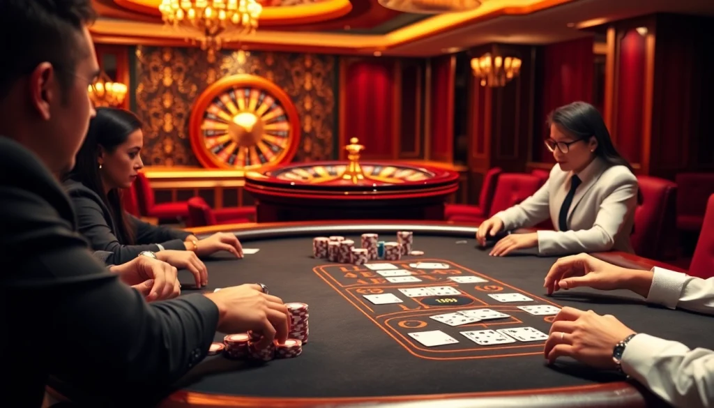 High-stakes poker gameplay at lc88 casino with vibrant poker chips and elegant roulette wheel.