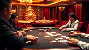 High-stakes poker gameplay at lc88 casino with vibrant poker chips and elegant roulette wheel.