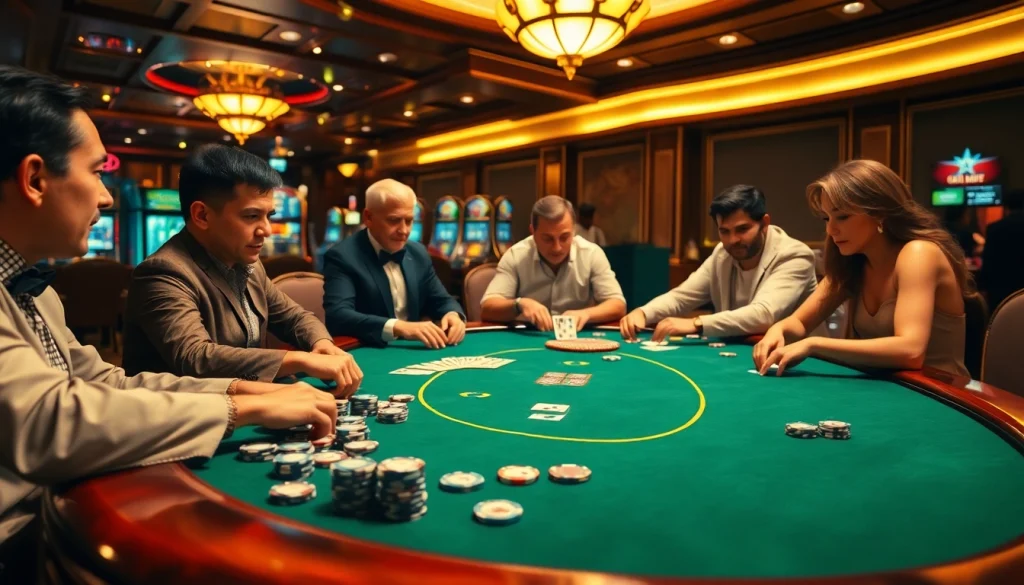 Experience high-stakes excitement at a poker table with tha bet elements in a luxurious casino setting.