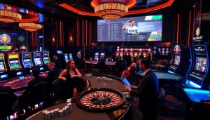 Experience exciting gameplay on vaoluoitv at a luxurious casino filled with vibrant slot machines.