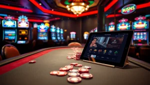 Play and log in at an exciting casino, featuring poker tables and vibrant slot machines.