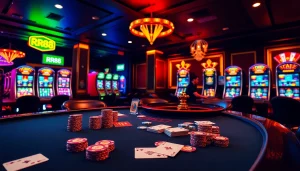 Engage in high-stakes poker at RR88's luxurious casino, featuring neon-lit slot machines and a vibrant roulette wheel.