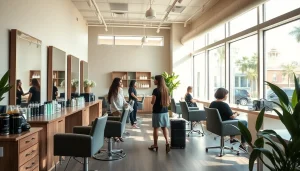 Hair salon San Diego interior with modern styling stations, natural light, and inviting atmosphere.