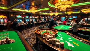 Players enjoying the thrilling atmosphere of luongson171tv's casino games with vibrant poker chips and wheels.