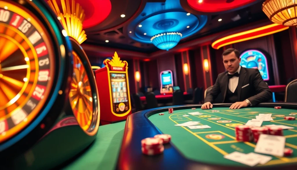 Experience the thrill of oxplay at a vibrant casino table featuring roulette wheels and slot machines.