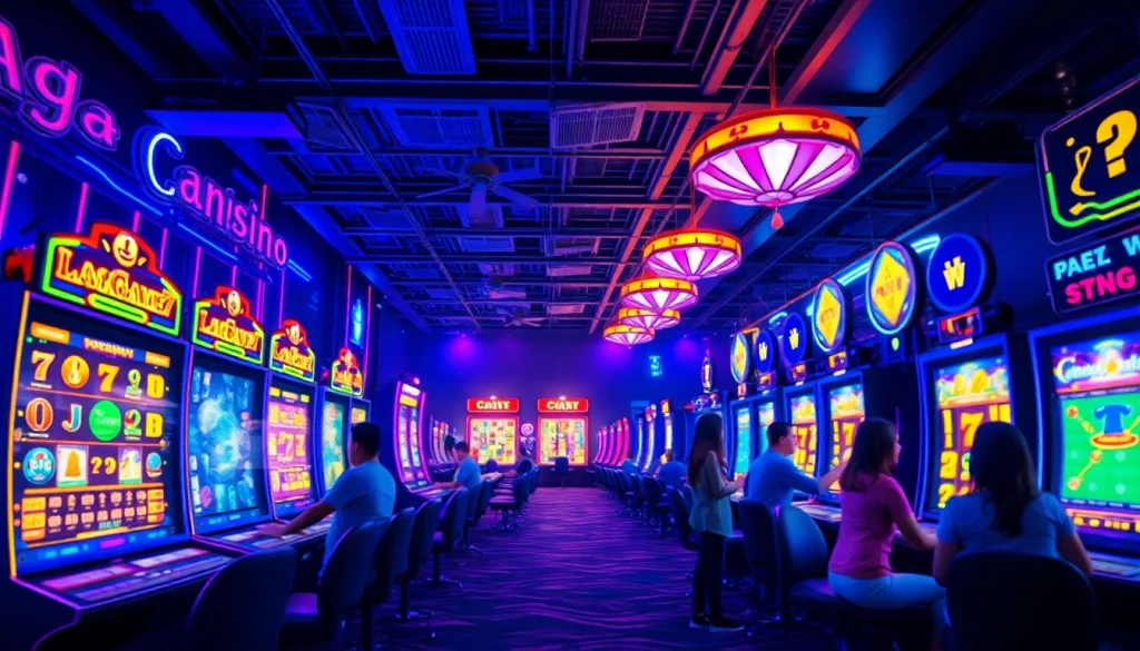 LAGAGAME77 engaging online gaming experience with vibrant slot machines and players celebrating wins.