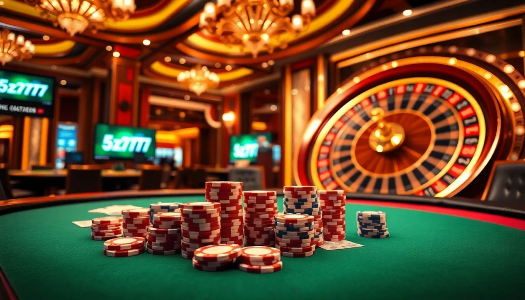 Casual players enjoying a lively poker game with 5z777 branding in a luxurious casino setting.