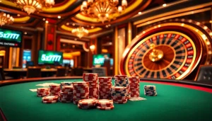 Casual players enjoying a lively poker game with 5z777 branding in a luxurious casino setting.