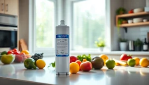 AQUA CREST DA97-17376B Replacement for Samsung DA97-08006C water filter displayed in a bright kitchen, surrounded by fresh produce.