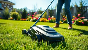 Electric lawn mower cordless in action, cutting a vibrant green lawn in a sunny yard.